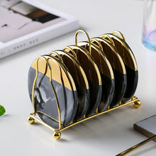 Load image into Gallery viewer, Black and Gold Marble Ceramic Coasters (set of 6 with holder)
