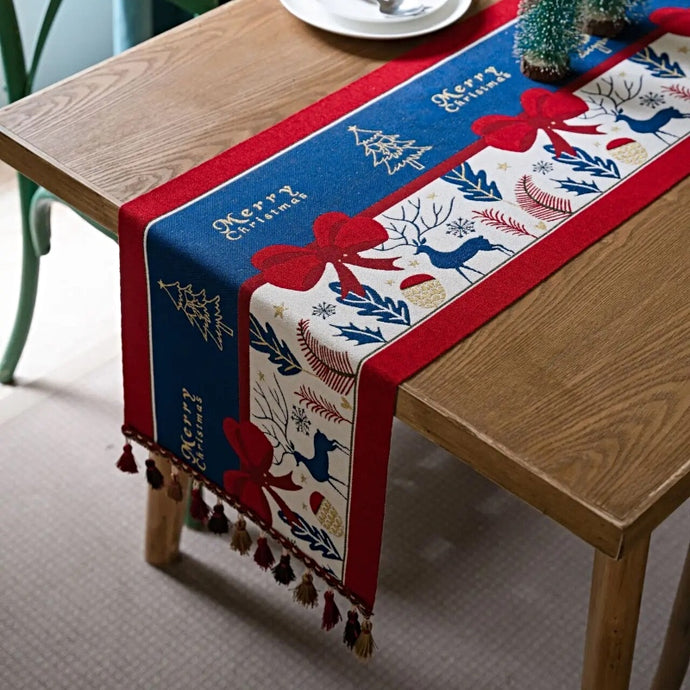 Holiday Bow and Elk Table Runners by Allthingscurated are inspired by all the notable symbols of Christmas like the merry bow, Christmas tree, elk and snowflakes. The jacquard table runners come in vibrant hues of blue and green with beautiful embroidery and complete with pretty tassels. Available in 9 sizes. They are perfect holiday decoration to bring a festive touch to. Your table setting.