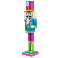 Load image into Gallery viewer, Neon Costume Nutcracker Soldiers by Allthingscurated.  These Nutcracker figures sport a psychedelic look with electric shades of Neon Blue, Green and Pink which is a daring and bold twist from the usual classic-style Nutcracker design. Their eye-catching colors and design will create a show-stopping look for your Christmas decor, making it truly unforgettable. Featured here is the Neon Blue Soldier.
