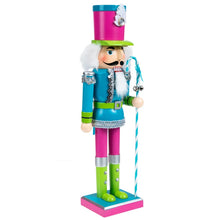 Load image into Gallery viewer, Neon Costume Nutcracker Soldiers by Allthingscurated.  These Nutcracker figures sport a psychedelic look with electric shades of Neon Blue, Green and Pink which is a daring and bold twist from the usual classic-style Nutcracker design. Their eye-catching colors and design will create a show-stopping look for your Christmas decor, making it truly unforgettable. Featured here is the Neon Blue Soldier.
