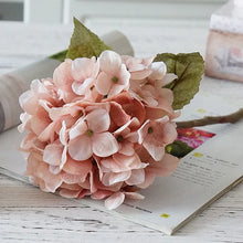 Load image into Gallery viewer, Silk Hydrangeas by Allthingscurated are made of premium quality silk that feature realistic looking flowers that are perfect for home décor and wedding venue decoration. Create a stunning display with 8 lovely colors available and add a touch of beauty and elegance to any space.  Featured here is the color Blush Pink.
