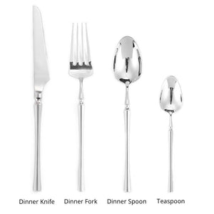 Bright Silver Stainless Steel flatware by Allthingscurated crafted from high-quality stainless steel with a forged construction ensures durability.  It has a bright silver mirror finish that will add a touch of elegance to any meal.  This is a 4 piece set consisting of 1 Dinner Knife, 1 Dinner Fork, 1 Dinner Spoon and 1  Teaspoon.