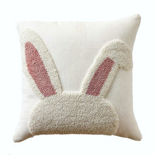 Load image into Gallery viewer, Spring Melody Embroidered Cushion Covers by Allthingscurated feature charming seasonal details to transition your home into Spring and Easter effortlessly. Each cover showcases meticulous embroidery to add depth and visual interest to your sofa and furniture. Design featured large bunny ear in white and pink against a 40 by 40cm or  15.6 by 15.6 inches white cover.
