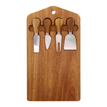 Load image into Gallery viewer, This 5-piece Magnetic Wood Cheese Board Set by Allthingscurated is crafted from Acacia wood and comes with 4 pieces of essential cheese tools. It’s a well-organized and cleverly-designed set featuring magnets on the board to hold all the tools securely for convenient storage. This set is the ultimate gift for house-warming and cheese lovers. Tools include a cheese fork, a flat cheese knife, a spade knife and a narrow plane knife.
