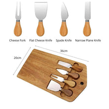 Load image into Gallery viewer, This 5-piece Magnetic Wood Cheese Board Set by Allthingscurated is crafted from Acacia wood and comes with 4 pieces of essential cheese tools. It’s a well-organized and cleverly-designed set featuring magnets on the board to hold all the tools securely for convenient storage. This set is the ultimate gift for house-warming and cheese lovers. Tools include a cheese fork, a flat cheese knife, a spade knife and a narrow plane knife.
