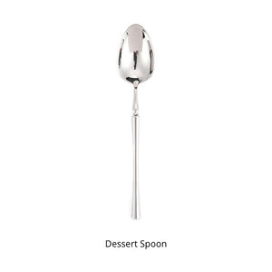 Bright Silver Stainless Steel flatware by Allthingscurated crafted from high-quality stainless steel with a forged construction ensures durability.  It has a bright silver mirror finish that will add a touch of elegance to any meal.  This is a Dessert Spoon.
