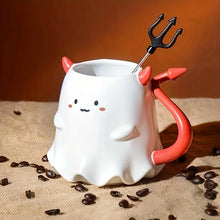 Load image into Gallery viewer, Cute Devil Mug by Allthingscurated features a devil design complete with red horns and tail, and even comes with a stirrer designed as a trident. Perfect for your personal cup or as a gift for friends and colleagues during Halloween season.
