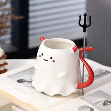 Load image into Gallery viewer, Cute Devil Mug by Allthingscurated features a devil design complete with red horns and tail, and even comes with a stirrer designed as a trident. Perfect for your personal cup or as a gift for friends and colleagues during Halloween season.
