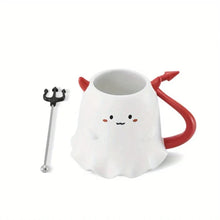 Load image into Gallery viewer, Cute Devil Mug by Allthingscurated features a devil design complete with red horns and tail, and even comes with a stirrer designed as a trident. Perfect for your personal cup or as a gift for friends and colleagues during Halloween season.
