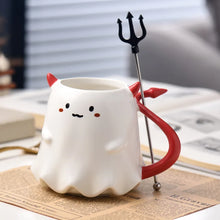 Load image into Gallery viewer, Cute Devil Mug by Allthingscurated features a devil design complete with red horns and tail, and even comes with a stirrer designed as a trident. Perfect for your personal cup or as a gift for friends and colleagues during Halloween season.
