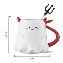 Load image into Gallery viewer, Cute Devil Mug by Allthingscurated features a devil design complete with red horns and tail, and even comes with a stirrer designed as a trident. Perfect for your personal cup or as a gift for friends and colleagues during Halloween season.
