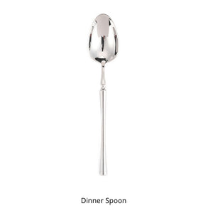 Bright Silver Stainless Steel flatware by Allthingscurated crafted from high-quality stainless steel with a forged construction ensures durability.  It has a bright silver mirror finish that will add a touch of elegance to any meal.  This is a Dinner Spoon.