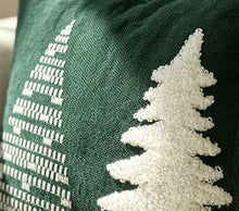 Load image into Gallery viewer, Dark green fabric embroidered with white Christmas trees in two designs.
