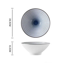 Load image into Gallery viewer, This Blue and White Japanese Ramen Bowls by Allthingscurated feature a modern, Asian design in a conical shape with a white fluted exterior, the porcelain bowls spot a beautiful, Japanese-inspired print for the interior. Comes in 4 different designs, this versatile bowl is not just for ramen, but also great for soups, curries and salads. Seen here is the Fireworks design.
