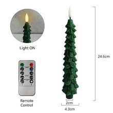 Load image into Gallery viewer, Flameless Christmas Tree LED Candles by Allthingscurated are crafted from paraffin wax to mimic real candles. Battery-operated with a remote control provided, these taper candles light up your holiday season with the flickering warm glow from the LED bulb without the fire hazard. Comes in a set of 4.
