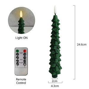 Flameless Christmas Tree LED Candles by Allthingscurated are crafted from paraffin wax to mimic real candles. Battery-operated with a remote control provided, these taper candles light up your holiday season with the flickering warm glow from the LED bulb without the fire hazard. Comes in a set of 4.