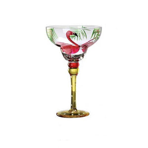 Ibiza Party Cocktail Glasses by Allthingscurated are available in 7 eclectic designs. Each cup is hand-painted and hand drawn to reflect its individual personality and creativity. Each cup has a capacity of 270ml or 9 ounce.  Featured here is Flamingo design.