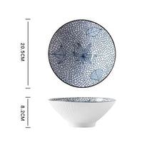 Load image into Gallery viewer, This Blue and White Japanese Ramen Bowls by Allthingscurated feature a modern, Asian design in a conical shape with a white fluted exterior, the porcelain bowls spot a beautiful, Japanese-inspired print for the interior. Comes in 4 different designs, this versatile bowl is not just for ramen, but also great for soups, curries and salads. Seen here is the Foliage design.
