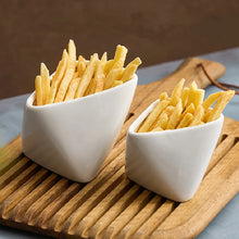 Load image into Gallery viewer, Porcelain French Fries Snack Bowl by Allthingscurated is inspired by the classic design of the French fries food packaging. Perfect for serving fries, the stylish and functional bowl makes your French fries look top-notch when dining at home with steak frites; and add a touch of flair to your casual meals. Come in 2 sizes.
