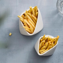 Load image into Gallery viewer, Porcelain French Fries Snack Bowl by Allthingscurated is inspired by the classic design of the French fries food packaging. Perfect for serving fries, the stylish and functional bowl makes your French fries look top-notch when dining at home with steak frites; and add a touch of flair to your casual meals. Come in 2 sizes.
