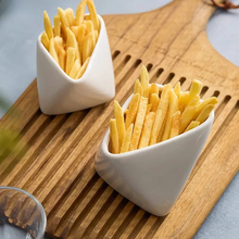 Load image into Gallery viewer, Porcelain French Fries Snack Bowl by Allthingscurated is inspired by the classic design of the French fries food packaging. Perfect for serving fries, the stylish and functional bowl makes your French fries look top-notch when dining at home with steak frites; and add a touch of flair to your casual meals. Come in 2 sizes.
