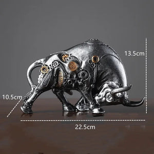 Futurox bull sculpture by Allthingscurated is the embodiment of steampunk aesthetics and futuristic mechanics. This exquisite masterpiece combines the grace and strength of a bull with the intricate beauty of gears. Standing at a height of 13.5cm or 5.3 inches, with length of 22.5cm or 8.8 inches and depth of 10.5cm or 4.1 inches. Its captivating presence will effortlessly elevate any space. Comes in gold and silver. Featured here is the sculpture in Silver.