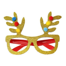 Load image into Gallery viewer, These Christmas Party Glasses by Allthingscurated are the perfect fun accessory for festive parties and gatherings during the holiday season. Their unique design and cheerful holiday style make them great props for creating memorable moments an happy Instagram posts to capture the joy of the season. Featured here is Gold Pom Pom Antler design.
