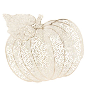 Pumpkin Vinyl Placemats by Allthingscurated are designed with perforated hollow patterns to create a unique texture and add dimension to your table setting. Made from durable PVC vinyl, they are stain-resistant and easy to maintain. Perfect for Thanksgiving and Halloween celebrations.  Featured here is placemat in champagne gold.