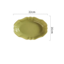 Load image into Gallery viewer, French Style Ruffle Edge Dish by Allthingscurated are oval shallow serving dishes featuring a ruffle edge with curved rims. Come in 3 colors of white, green and brown and in 2 sizes.  This is a large green dish measuring 22cm or 8.6 inches wide and 16cm or 6 inches in height.
