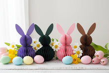 Load image into Gallery viewer, Four paper bunny decorations in purple, green, pink, and brown on a white background. This curated set of two Honeycomb Easter Bunnies by Allthingscurated instantly transforms any space into a festive Easter wonderland. Their adorable silhouettes add personality and warmth to your holiday décor. Quick assembly and compact storage, with proper care, they remain beautiful year after year. Comes in 5 delightful colors.
