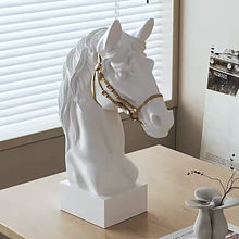 Load image into Gallery viewer, Fargo Horse Head Bust by Allthingscurated is an elegant decorative sculpture with meticulous detail and flaunts a gorgeous gold-accented bridle. Perfect for horse enthusiasts and makes a meaningful gift for those born under the Horse zodiac sign. And expertly crafted to complement both timeless classic and contemporary modern interiors.
