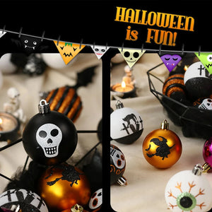 Halloween Decorative Bauble Set by Allthingscurated comes in a box containing 16 hand-painted ball ornaments featuring unique designs such as skulls, black cats, witches on broomsticks, white ghosts and creepy eyeballs. These decorated ornaments are perfect for adding an eclectic and quirky touch to your tree or home.