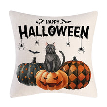 Load image into Gallery viewer, Halloween Ghost and Cat Cushion Cover collection by Allthingscurated is available in 6 unique prints and 4 different sizes.  Add them to your sofa and see them transform your cozy space for the Halloween season in an instant.  Shown here is the black cat sitting atop 3 pumpkins with happy halloween greeting design.
