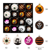 Load image into Gallery viewer, Halloween Decorative Bauble Set by Allthingscurated comes in a box containing 16 hand-painted ball ornaments featuring unique designs such as skulls, black cats, witches on broomsticks, white ghosts and creepy eyeballs. These decorated ornaments are perfect for adding an eclectic and quirky touch to your tree or home.
