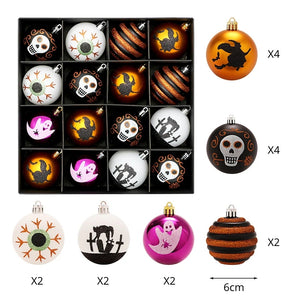 Halloween Decorative Bauble Set by Allthingscurated comes in a box containing 16 hand-painted ball ornaments featuring unique designs such as skulls, black cats, witches on broomsticks, white ghosts and creepy eyeballs. These decorated ornaments are perfect for adding an eclectic and quirky touch to your tree or home.