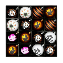 Load image into Gallery viewer, Halloween Decorative Bauble Set by Allthingscurated comes in a box containing 16 hand-painted ball ornaments featuring unique designs such as skulls, black cats, witches on broomsticks, white ghosts and creepy eyeballs. These decorated ornaments are perfect for adding an eclectic and quirky touch to your tree or home.
