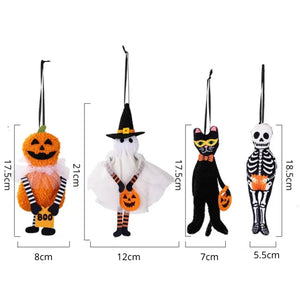 Set of four Halloween-themed hanging dolls on a white background. These adorable Halloween Decorative Hangings Dolls by Allthingscurated spark joy and give your Holiday decor a fun and eerie vibe.