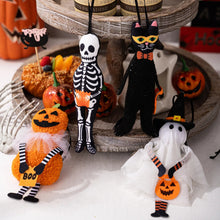 Load image into Gallery viewer, Halloween-themed decorative figurines including a skeleton, ghost, and cat on a festive background. These adorable Halloween Decorative Hangings Dolls by Allthingscurated spark joy and give your Holiday decor a fun and eerie vibe.
