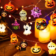 Load image into Gallery viewer, Halloween LED Party Lights by Allthingscurated featuring playful mummies, pumpkins, ghosts, skeletons and spiders add a fun and festive touch to your Halloween décor. The warm glow of the LEDs enhances the eerie ambiance, making your space perfect for Halloween celebrations and parties. Comes in 2 lengths and battery-powered.
