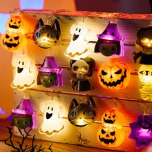 Load image into Gallery viewer, Halloween LED Party Lights by Allthingscurated featuring playful mummies, pumpkins, ghosts, skeletons and spiders add a fun and festive touch to your Halloween décor. The warm glow of the LEDs enhances the eerie ambiance, making your space perfect for Halloween celebrations and parties. Comes in 2 lengths and battery-powered.
