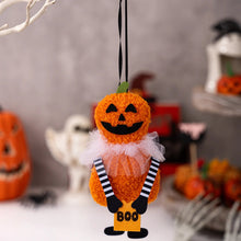 Load image into Gallery viewer, Halloween-themed ornament with a pumpkin face and &#39;BOO&#39; text, hanging against a festive background. These adorable Halloween Decorative Hangings Dolls by Allthingscurated spark joy and give your Holiday decor a fun and eerie vibe.
