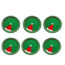 Load image into Gallery viewer, This is a set of 6 crochet coasters in red, white and green Santa Hat design n round shape.
