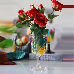 Havana Embossed Leaves Vintage Goblets by Allthingscurated, featuring contrasting multi-colored leaves embossed onto lead-free glass vessel. Charming with a touch of vintage vibe.  You can creatively use this goblet as a mini vase for your favorite blooms to decorate your table.