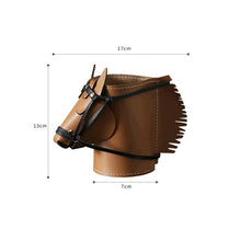 Load image into Gallery viewer, A brown faux leather horse head and neck stand with black straps, shown with dimension lines and labels indicating 17cm width, 13cm height, and 7cm neck diameter on a white background.
