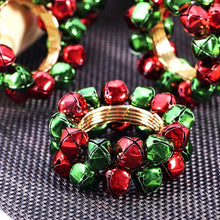 Load image into Gallery viewer, Jingle Bells Napkin Rings by Allthingscurated. Come as a set of 6 rings in color combos of red and green, or silver and gold, they are the perfect finishing touch for your holiday table setting. Spread the joy of Christmas and charm your guests with the cheerful bells.
