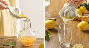 Person pouring orange juice and lemon juice into a bottle and glass tumbler. Ceramic Citrus Juicer by Allthingscurated features a classic reamer design with built-in pour spout that ensures precise pouring without spills. This single-piece tool is easy to store and indispensable in any bar or kitchen.
