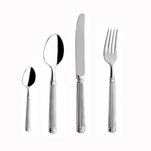 Julius Silver Stainless Steel Flatware Sets by Allthingscurated are crafted from high-quality 18/10 stainless steel. The weighty and solid construction provides a luxurious feel, while the Roman column handle design adds a touch of elegance. The mirror polished surface reflects a bright and shiny finish, adding a touch of sophistication to any table. Featured here is a place setting for 1 set and 1 person.