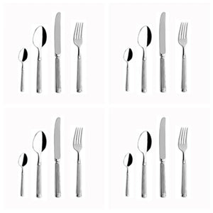 Julius Silver Stainless Steel Flatware Sets by Allthingscurated are crafted from high-quality 18/10 stainless steel. The weighty and solid construction provides a luxurious feel, while the Roman column handle design adds a touch of elegance. The mirror polished surface reflects a bright and shiny finish, adding a touch of sophistication to any table. Featured here is a place setting of 4 sets for 4 persons.