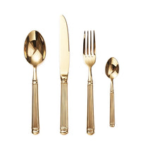 Load image into Gallery viewer, Julius Gold Stainless Steel Flatware Sets by Allthingscurated are crafted from high-quality 18/10 stainless steel. The weighty and solid construction provides a luxurious feel, while the Roman column handle design adds a touch of elegance. The mirror polished surface reflects a bright and shiny finish, adding a touch of sophistication to any table. Featured is a place setting for 1 set and 1 person.
