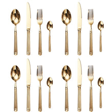 Load image into Gallery viewer, Julius Gold Stainless Steel Flatware Sets by Allthingscurated are crafted from high-quality 18/10 stainless steel. The weighty and solid construction provides a luxurious feel, while the Roman column handle design adds a touch of elegance. The mirror polished surface reflects a bright and shiny finish, adding a touch of sophistication to any table. Featured is place setting for 4 sets and 4 persons.
